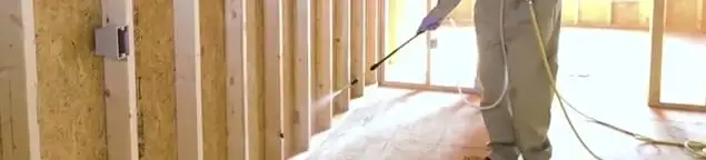 Termite treatment technician applying spray along framing and unfinished walls in Knoxville, TN